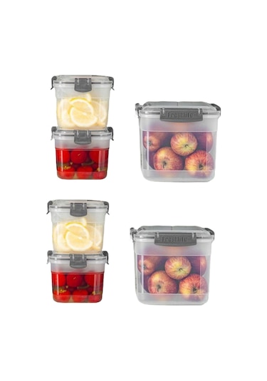 Toptanfoni 6'lı Kare Sızdırmaz Kapaklı Erzak Saklama Kabı Seti 0,300 Ml - 0,600 Ml - 1,200 Lt Şeffaf