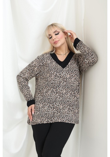 Bambu Viskon V Yaka Uzun Kollu Bluz Rahat Kalıp, Büyük Beden Xl 6xl Çıtır Leopar