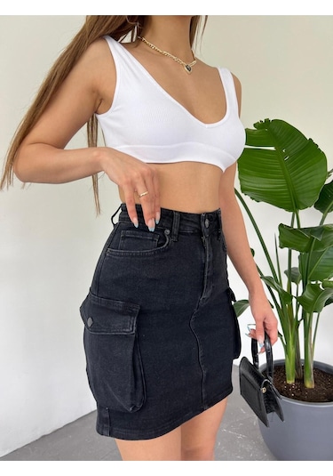 Zeo Basic Kargo Cep Detaylı Mini Denim Etek Siyah