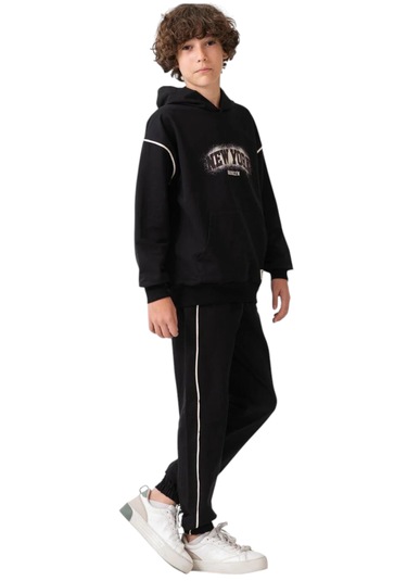 Erkek Çocuk New York Yazılı Çizgi Şeritli Kanguru Cepli Kapüşonlu Siyah Eşofman Takımı Siyah