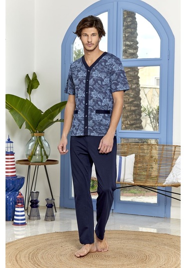 Cossy By Aqua 23938 Erkek Kısa Kollu Önden Düğmeli Pijama Takım-lacivert Lacivert