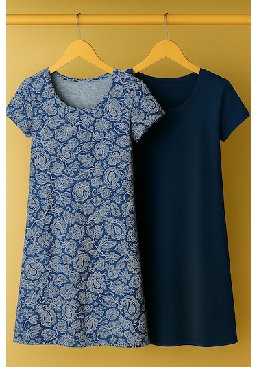 2 Adet Dökümlü Rahat Kalıp Günlük Penye Kumaş Elbise İndigo-lacivert