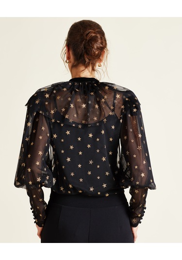 Yıldız Desenli Transparan Tül Gömlek Işıltılı Ve Romantik Tasarım Siyah