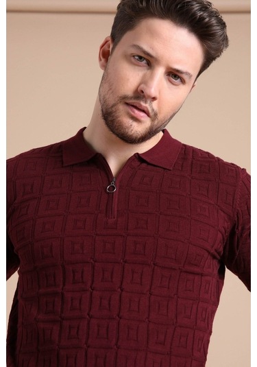 Ferraro Bordo Polo Yaka Fermuarlı Erkek Pamuk Triko T-Shirt-Bordo (417942267) Bordo