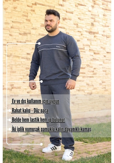 Indigo Mavi Battal Büyük - Normal Beden Kalın Sweat Erkek Eşofman Takımı 21eestbakt İndigo