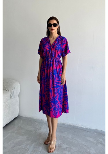 Kadın Mor Derin V Yaka Yazlık Uzun Önden Yırtmaçlı Viskon Elbise