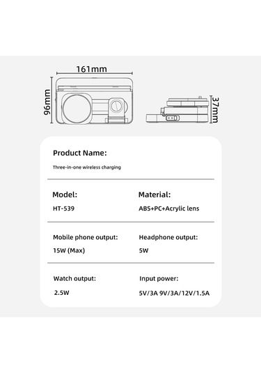 Ht-539 Masaüstü Gece Lambası 15w Manyetik Katlanabilir Telefon Saati Kulaklık Kablosuz Şarj Cihazı Siyah