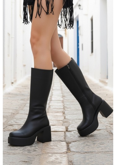 Ventes Kalın Taban Topuklu Fermuarlı Diz Altı Sade Klasik Kadın Çizme 914303-z Siyah Cilt