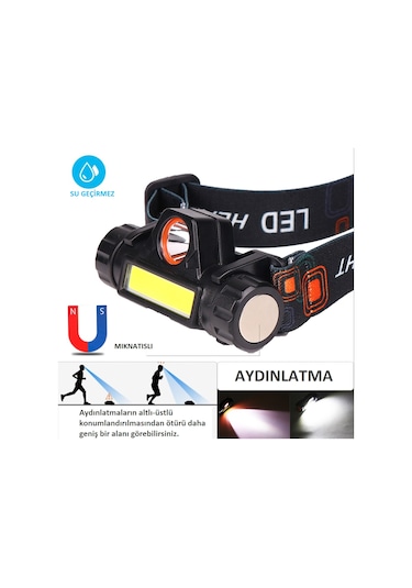 Kafa Feneri Şarjlı Mıknatıslı 1200 Lümen Cob Led Kafa Lambası Siyah