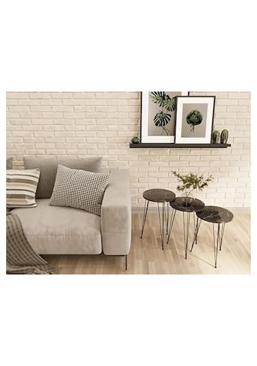 Zigon Sehpa 3'lü Yuvarlak Siyah Tel Ayaklı Siyah Mermer