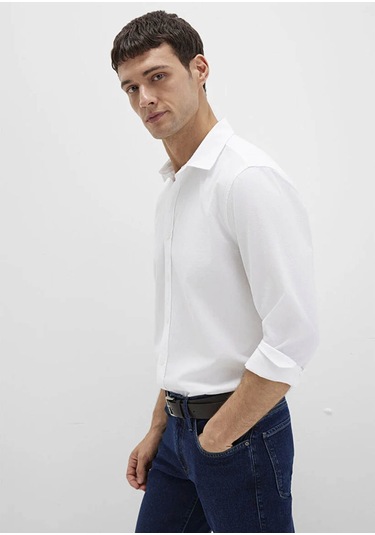 Mavi Uzun Kol Beyaz Erkek Gömlek M0211673-85310 Beyaz
