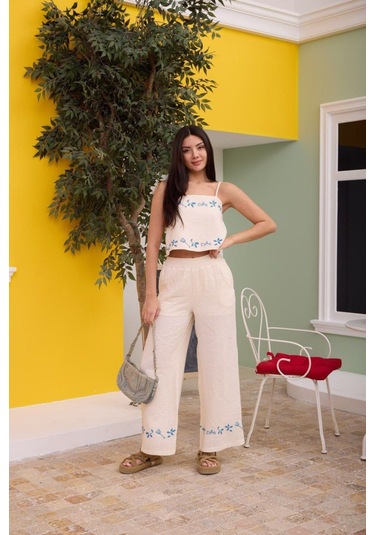 Yaz Desenleri İnce Askı Bluz Pantolon 2li Bohem Takım Beyaz