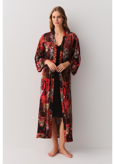 Suwen Rustic Uzun Sabahlık Sh26118615l95 Kırmızı Desenli