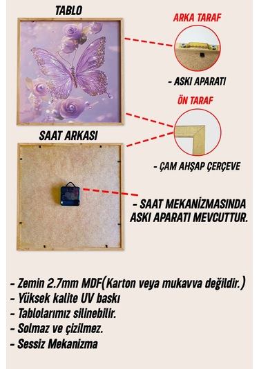 Mor Kelebekli Mdf Tablo Seti Ahşap Çerçeveli 3 Lü Saatli Kombin Renkli