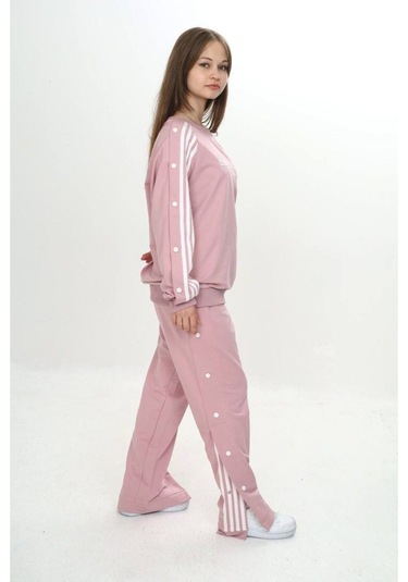 Unisex Çocuk 2 İplik Çıtçıtlı Alt&üst Eşofman Takımı %100 Pamuk Rahat Kalıp-299-eşt-0006 Pudra