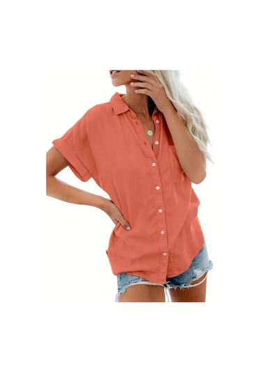 Kadın Kısa Kollu V Yakalı Önden Düğmeli Dokuma Gömlek Turuncu