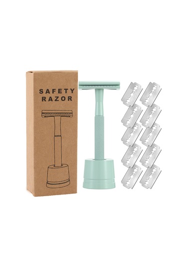 Manuel Güvenlik Çift Taraflı Tıraş Makinesi Erkek Tam Kapalı Bıçak Kafası Eski Ustura Manuel 016 Açık Yeşil Bıçak Bıçağı 10 Bıçak
