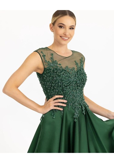 Hint Aksesuarlı Saten Görünümlü Abiye-koyu Yeşil Koyu Yeşil