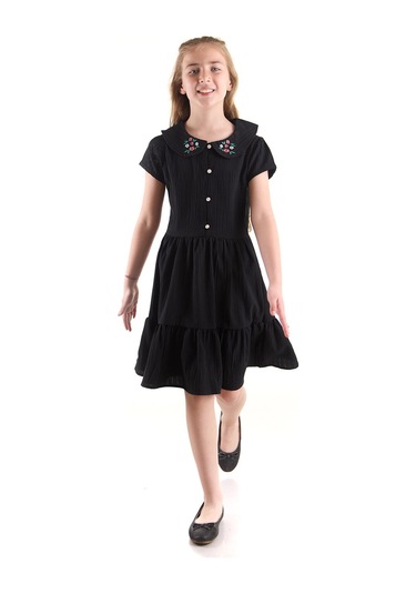 Ahengim Kız Çocuk Düğmeli Yaka Nakışlı Elbise Trend Pamuklu Pamuklu Ak2523 Siyah