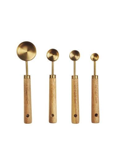 Dinosaurs 4 Parça Paslanmaz Çelik Kaşık Seti - Altın Ahşap