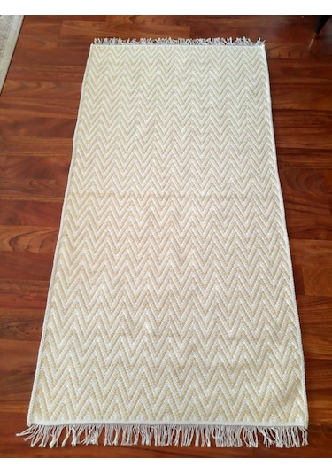 Pamuklu Cotton Kilim Çift Taraflı Yıkanabilir Dekoratif 80x150 - Sarı V1 Siyah - Beyaz