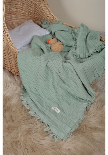 Müslin Püsküllü 4 Katlı Müslin Battaniye 90x120 Cm - Ze4katlı Yeşil