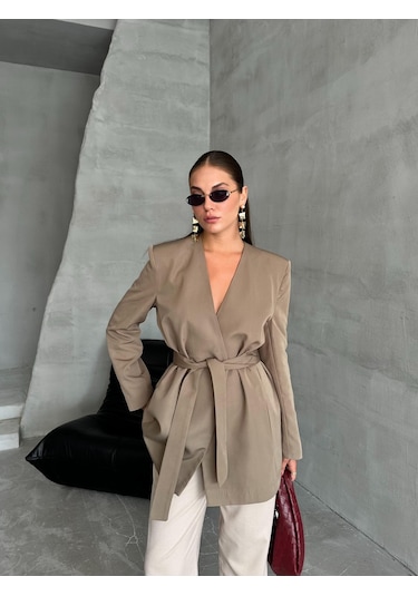 Haki Elegant Kuşaklı Ceket Haki
