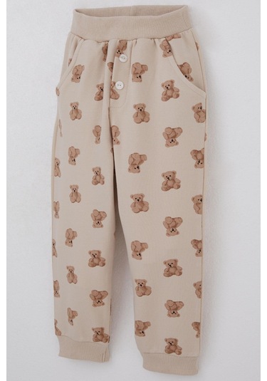 Breeze Erkek Bebek Eşofman Takımı Sevimli Ayıcık Desenli Pantolonu Düğme Aksesuarlı 9 Ay-3 Yaş, Bej Bej