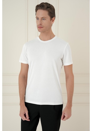 Comfort Fit Bisiklet Yaka Modal Kısa Kol Casual Ekru Tişört Ts 895 Ekru