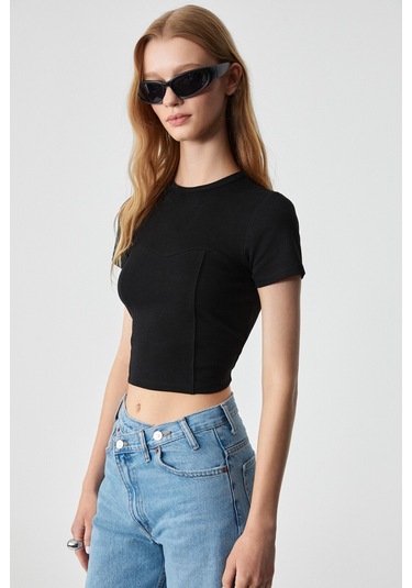 CERAEN  Kadın Slim Kısa Kol Bisiklet Yaka Siyah T-Shirt