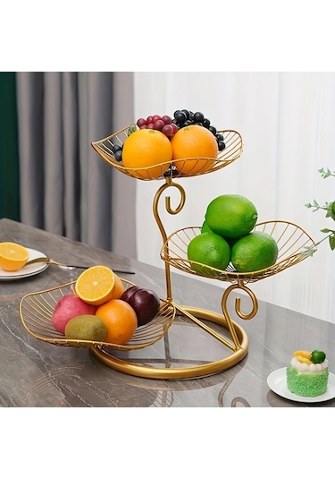 Maxaccess 3 Katlı Zarif Demir Meyve Sepeti Altlığı, Çok Katlı Dekoratif Sunum Tepsisi Altın Altın