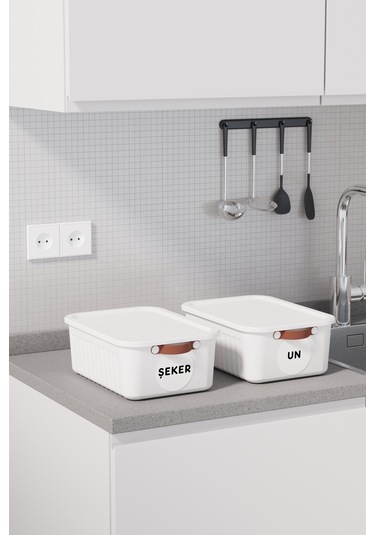 2 Li Bakliyat Erzak Saklama Kabı Un Şeker Saklama Kutusu Kapaklı Kulplu Plastik Saklama Kabı Beyaz