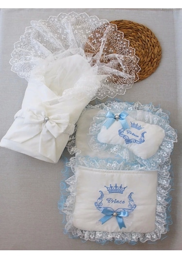 Yenidoğan Nil Taç Nakışlı Kundaklı Trilüks 3lü Alt Açma Seti Mavi Mavi