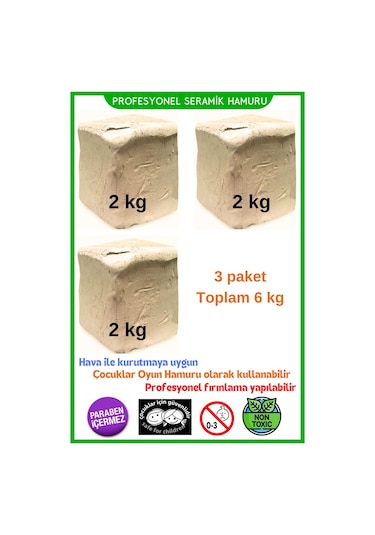 Seramik Hamuru Kil Çamuru, Doğal Oyun Hamuru 3 Adet 2 Kg Toplam 6 Kg