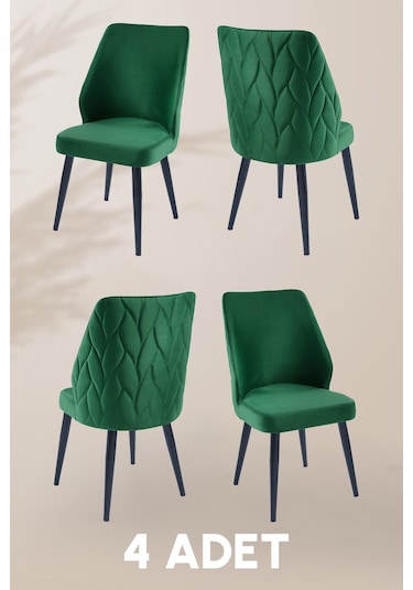 Puffy Sandalye - Babyface Yeşil- Metal Siyah Ayak 4 Adet - Salon Sandalyesi / Mutfak Sandalyesi Yeşil