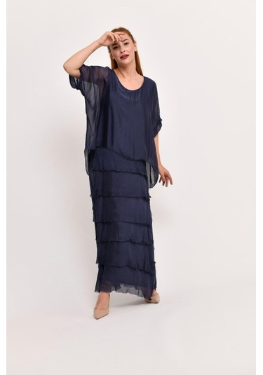 İtalyan 2 Beden İnce Gösteren Yarım Kol Kat Kat Ipek Elbise Lacivert