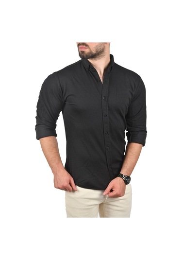 Deepsea Erkek Siyah Slim Fit Dar Kesim Dokulu Spor Gömlek Likralı Pamuklu Esnek Kumaş Gömlek 2001810 Siyah