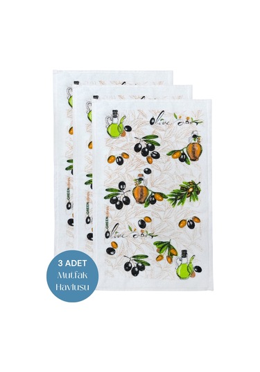3lü Paket Baskılı Beyaz Mutfak Havlusu Modeli Zeytin