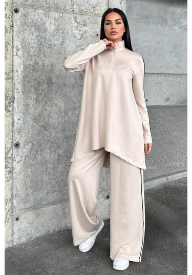 Taş Asimetrik Kesim, Fermuarlı Bluz & Bol Paça Pantolon - Viskon İki İplik Kumaş Alt & Üst Takım Taş