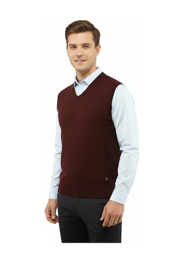 Çizgi Triko Erkek V Yaka Süveter Çelik Örgü Regular Kalıp 5200h Bgl-st04962 Bordo