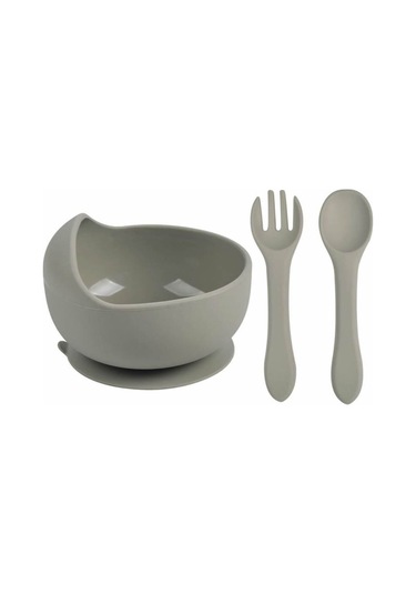 Jojobebek Silikon Vakumlu Kase, Silikon Çatal-kaşık, Silikon Pipetli Bardak, Çerez Kapağı, Önlük / Gri