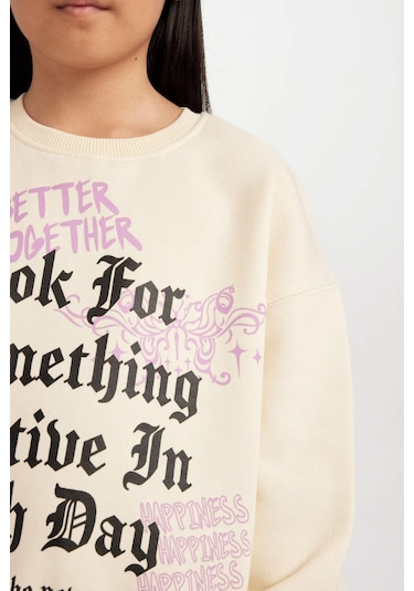 DeFacto Kız Çocuk Relax Fit Bisiklet Yaka Baskılı Sweatshirt D4387A824WNER99 Ekru