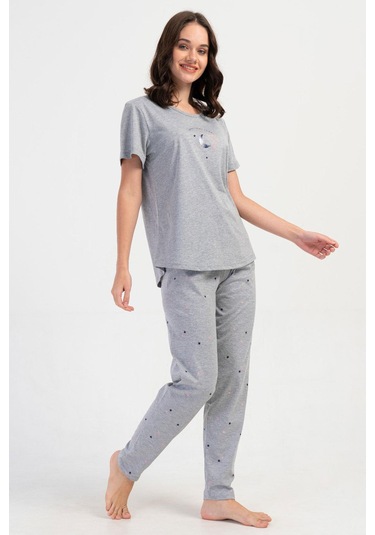 Kadın Kısa Kol Gri Melanj Pijama Takımı C5t4n1o804 Grimelanj