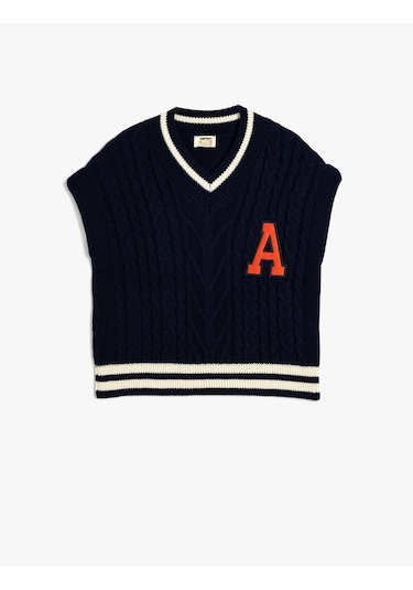 Koton Triko Süveter V Yaka Ribanalı Aplike Detaylı Lacivert 5wkg90046ht Lacivert
