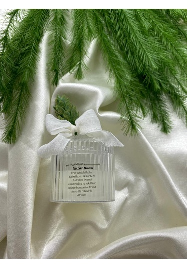 Nazar Duası Mika Kapaklı Mum Hediyelik Beyaz Kurdele Ve Çam Detaylı Özel Gün Süsü Şeffaf