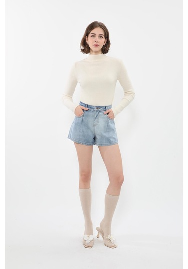 Kadın %100 Pamuk Açık Mavi Mini Jean Şort mavi Mavi