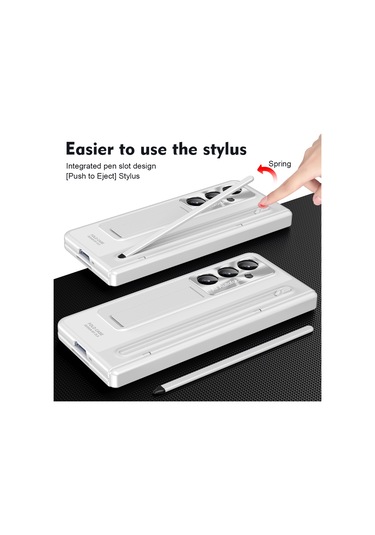 Samsung Galaxy Uyumlu Z Fold7 5g Kılıf Destekli Menteşeli Pc Telefon Kılıfı Temperli Cam Filmi Ve Kalem - Beyaz Beyaz