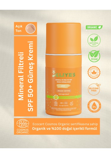 A Aliye's Mineral Filtreli Spf 50+ Renkli Organik Güneş Kremi Açık Ton 50 ML
