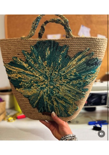 Hasır Çanta, Plaj Çantası, Tasarım Çanta, Yeşil Desenli El Çantası Yeşil - Kahverengi
