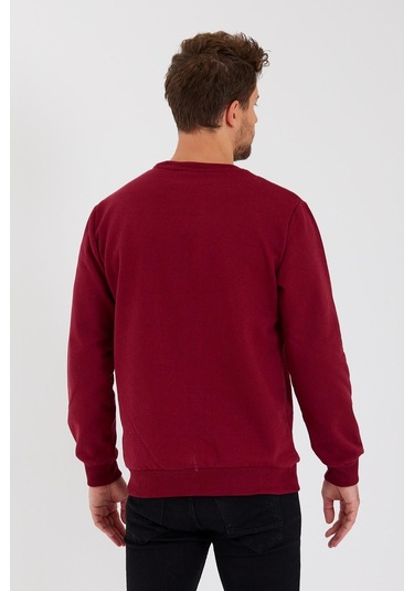 MMetalic Bisiklet Yaka Etiket Detayı İçi Pamuklu Erkek Sweatshirt Bordo